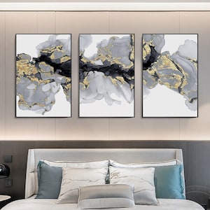 Set Of 3 Black gray gold painting Abstract wall art On Canvas Grey Framed Wall Art Large Wall Art Modern Living Room Wall Decor