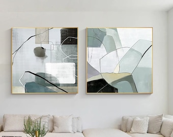 Sage green Wall Art Abstract Geometric painting On Canvas Set Of 2 Large Framed Wall Art grey Wall Art Modern Living Room Wall Decor