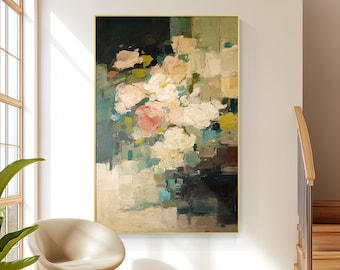 Original Abstract Floral Oil Painting on Canvas,  Moody Wall Art, Textured Impasto White Rose, Large Palette Knife Art for Living Room
