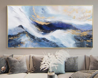 Hand-Painted Abstract Landscape Wall Art, Blue Gold Mountain Painting, Textured Modern Artwork