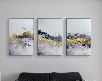 Set med 3 blå och guld abstrakta väggkonst stor väggkonst på kanvas texturerad målning väggmålning, minimalistisk sovrumsväggkonst vardagsrumsinredning