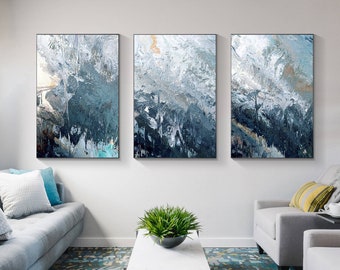 3 Piece Wall Art Sea Waves Abstract Prints Painting On Canvas Framed Wall Art Large Wall Art Set Of 3 Modern Home Decor Living Room Wall Art