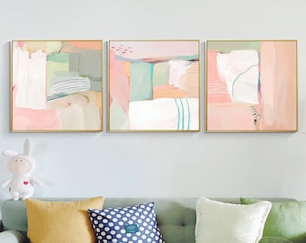 3 Pieces Framed Wall Art Set of 3 Prints Abstract Pink and Light Orange Geometic Painting Large Wall Art coral Living Room Print set