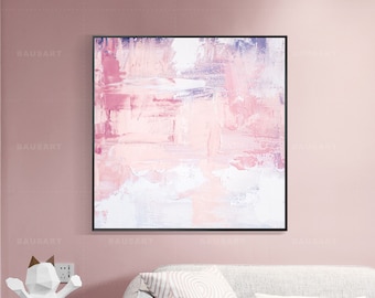Abstraktes Wandbild in Rosa, Leinwandgemälde in zartem Rosa, Pastellkunstwerk, modernes Strukturbild, zeitgenössische Schlafzimmerdekoration