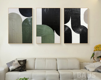Textured Abstract Wall Art Set, Modern Green Black Painting, Minimalist Neutral Artwork, Contemporary Geometric Wall Decor, 3 Piece Set