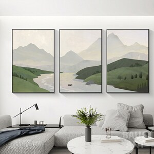 Set Of 3 Moss Green Abstract Natural Mountains wall art Landscape Framed Painting Extra Large Sage Green horizonal triptych Wall Art