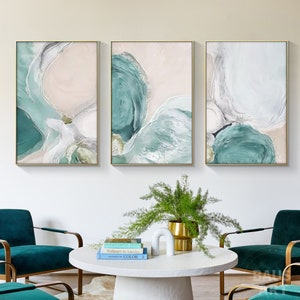 Teal blue Wall Art Set Of 3 Coastal Abstract Print On Canvas Large Wall Art  Waves Art Turquoise Minimalist Wall Art living room decor