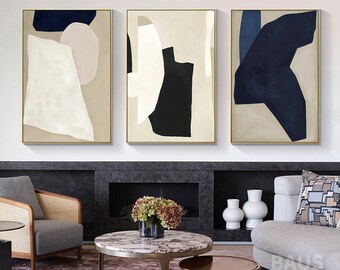 japandi Wall Art Geometric Abstract Painting On Canvas Large Set Of 3 Framed Wall Art Beige  dark blue Modern Minimalism Wall art Decor