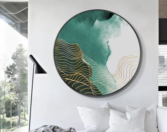 Emerald Green Abstract Print Painting On Canvas Round Framed Wall Art Large Wall Art Modern Home Wall Decor Gold Lines Watercolor Print