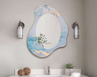 Artistic Mirror Asymmetrical Mirror,  Mirror Wall Decor on Tempered Glass, Entryway Hallway Mirror, Blue marble wall art,Bathroom Art