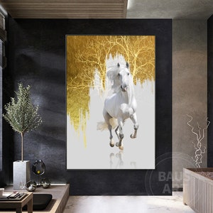 Horse Animal Prints On Canvas Large Framed Wall Art Gold And White Horse Prints Modern Home Decoration For Living Room