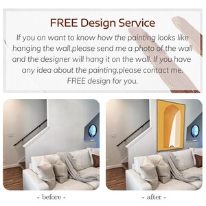 May include: A before and after comparison showing a living room wall with a white sofa, staircase, and a round window. The after image features a large rectangular painting with an orange archway design and a white floor-level silhouette.