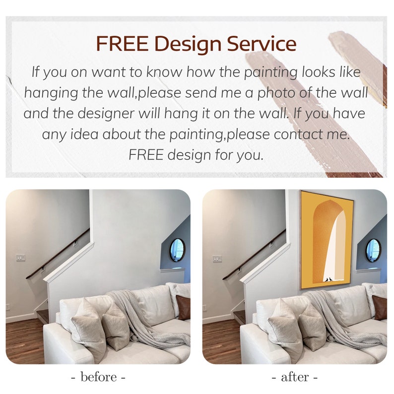 May include: A before and after comparison showing a living room wall with a white sofa, staircase, and a round window. The after image features a large rectangular painting with an orange archway design and a white floor-level silhouette.