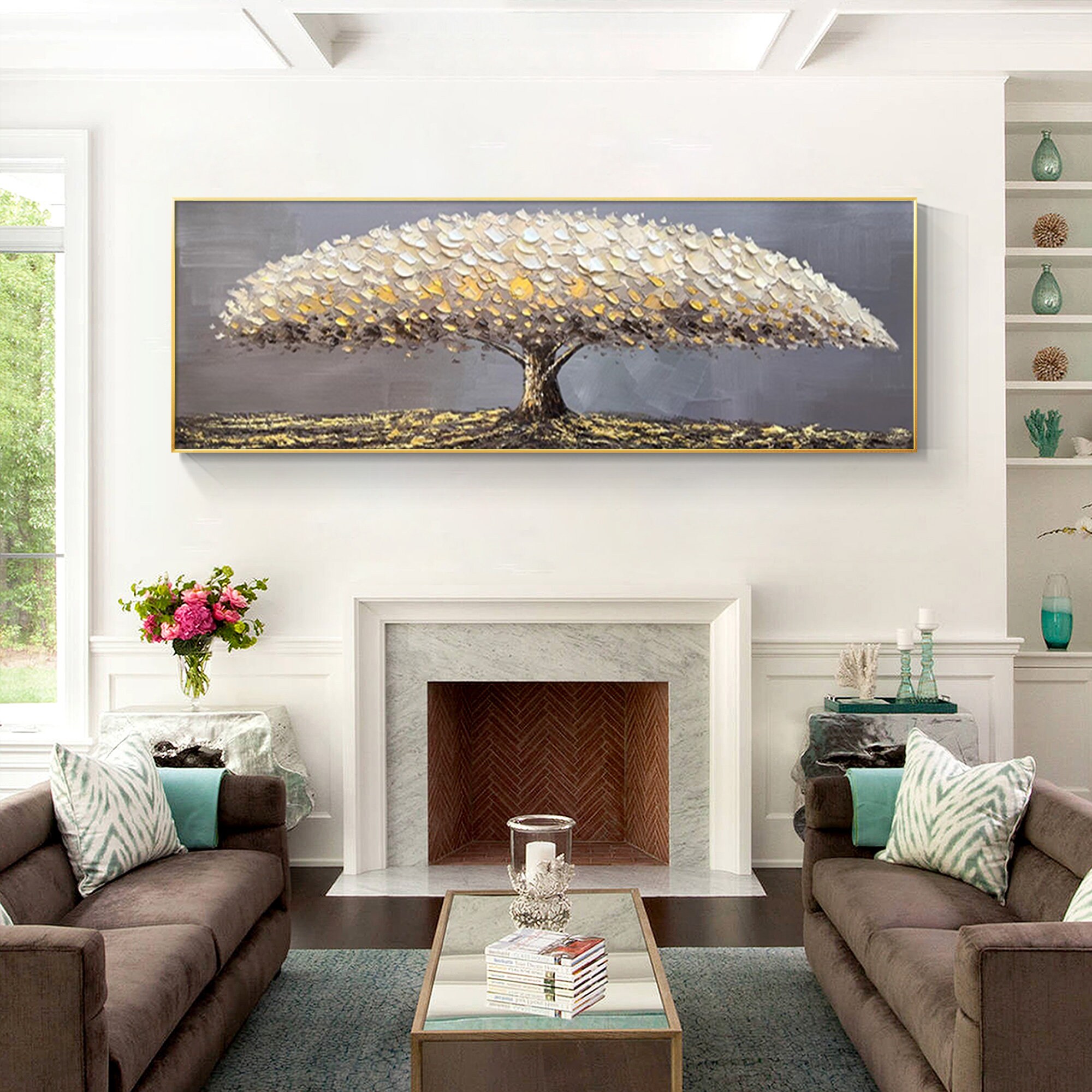 Blooming Tree Painting,original Abstract Black Gray Gold Tree Oil
