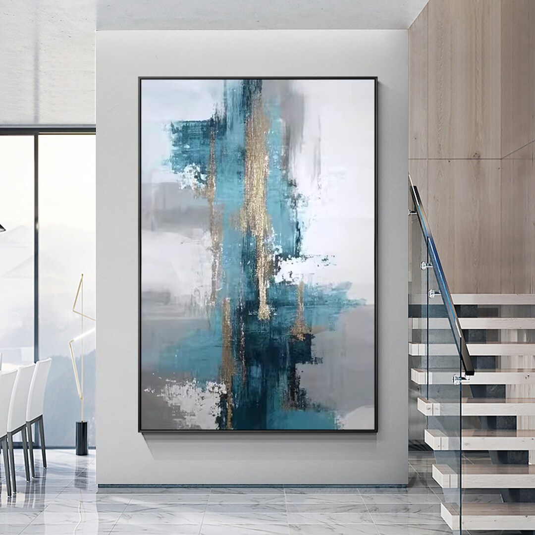Abstract Teal Blue Gold and Grey Wall Art Paitning Textured Painting on