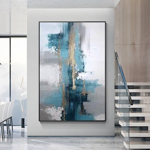 Großes Petrol Blaues abstraktes Gemälde Blaugrün gerahmtes Gemälde Blaues Blattgold auf Leinwand modern Gold gerahmt Wanddeko
