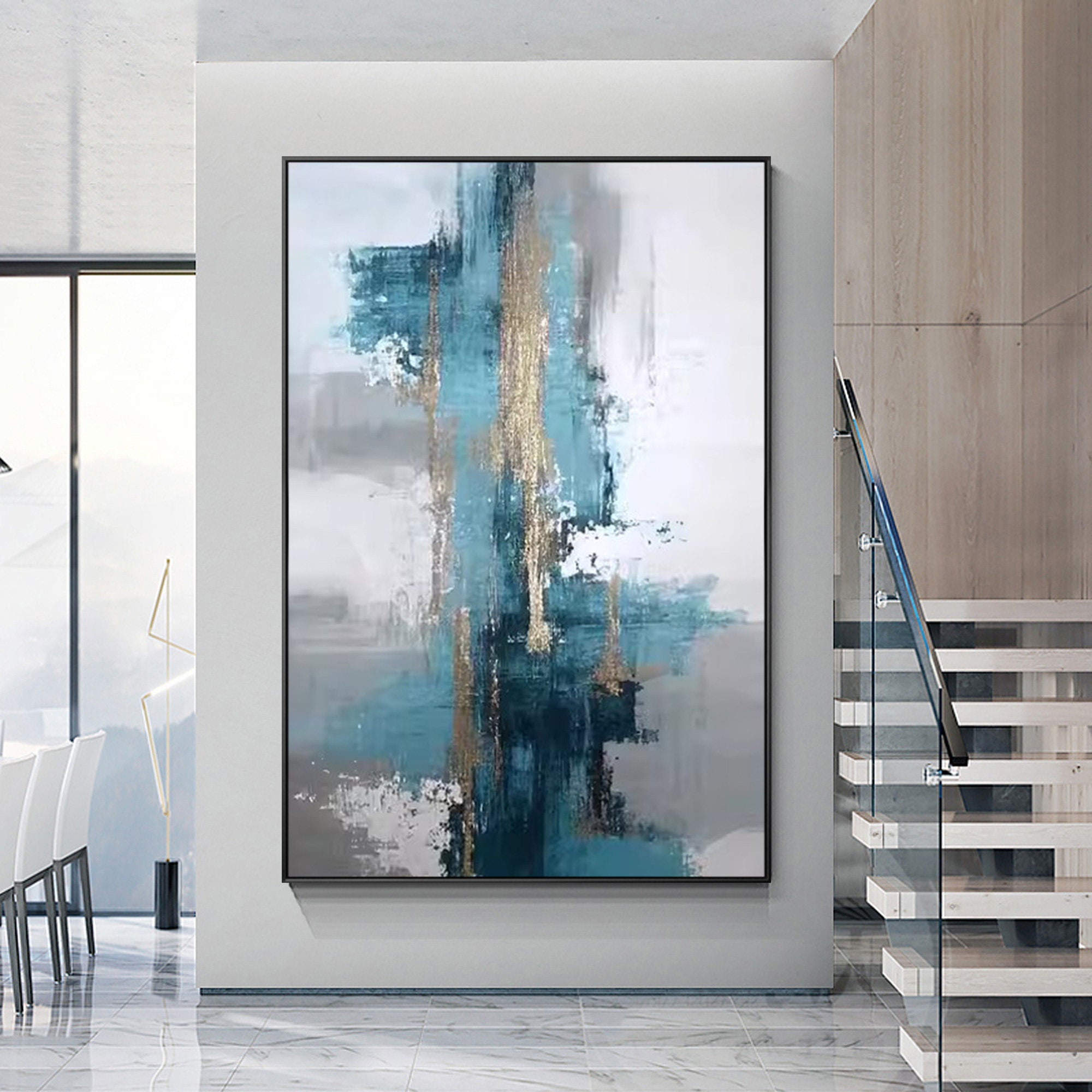Large Teal Blue Abstract Painting Teal Grey Canvas Turquoiae Gold