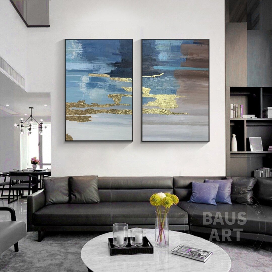 Blue Gold Abstract Wall Art Set of 2 Acrylic Canvas Painting Brown ...