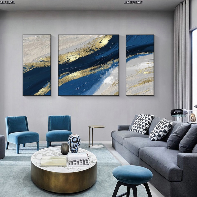 Set of 3 Navy Blue and Gold Abstract Ocean Wall Art Extra Large Wall ...