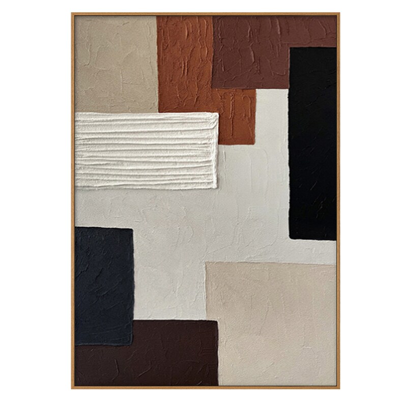 May include: Abstract art print with geometric shapes in shades of brown, beige, and black. The print features a textured, layered effect, creating a modern and minimalist aesthetic.
