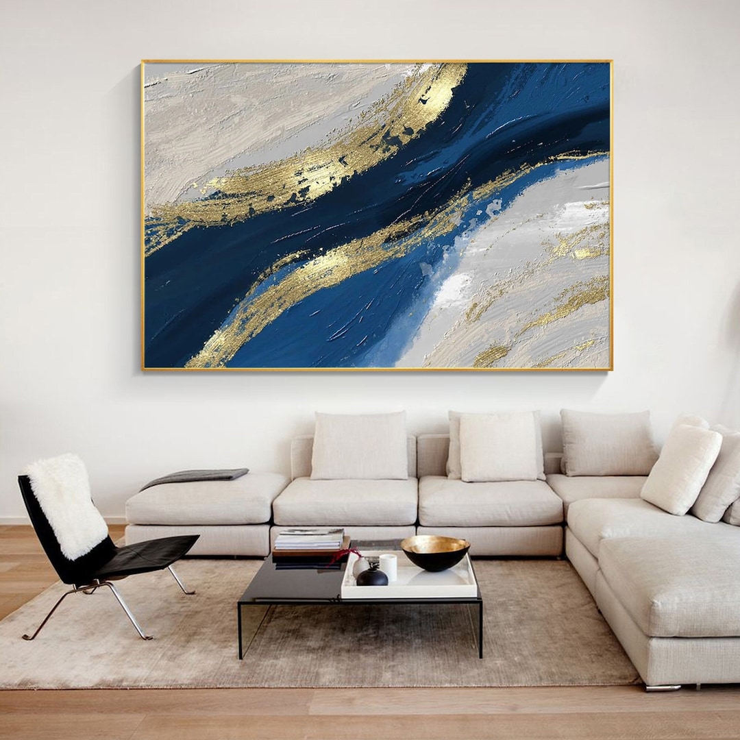 Navy Blue Gold Wall Art Abstract Ocean Painting Acrylic on Canvas Deep