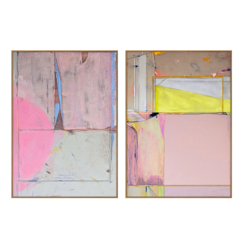 May include: Two framed abstract paintings. The left painting features a large pink semi-circle and rectangular shapes in pink, blue, and grey. The right painting has yellow and pink rectangular shapes. Both paintings have gold frames.