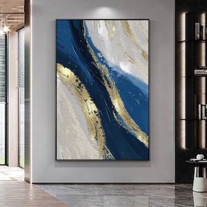 Navy blue and Gold Abstract Wall Art Textured Painting Ocean wall art Original Blue Sea Canvas Abstract  coastline Art Entry Hall home decor