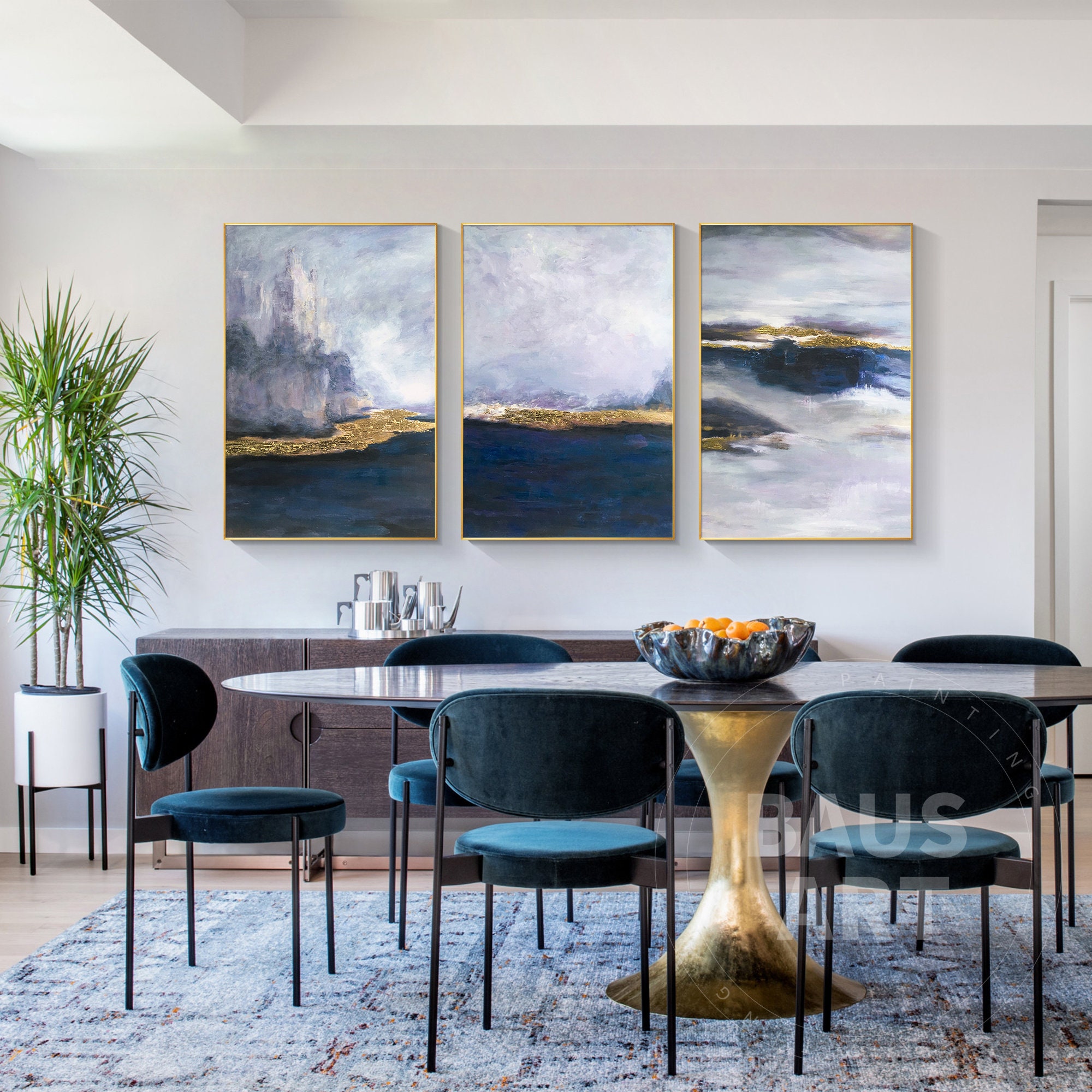 Abstract Blue Gold Wall Art Set of 3 Deep Blue Art on Canvas Large ...