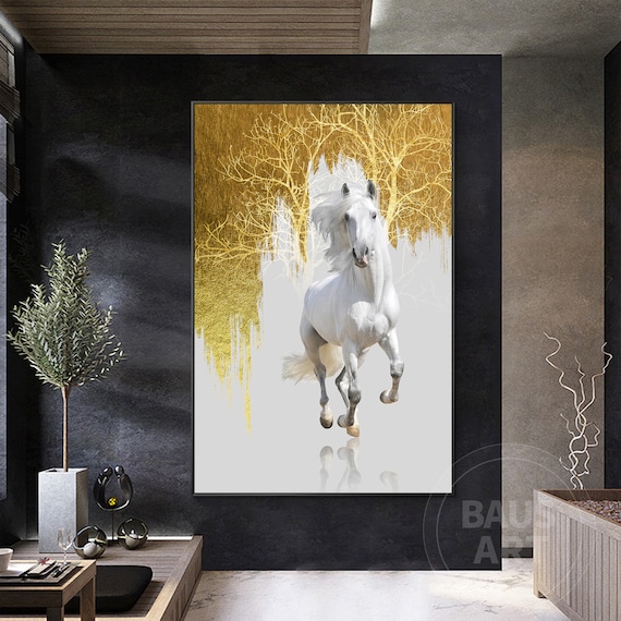 馬の群れ 絵画 ゴールドフレーム Amazon.co.jp: 【Happirio】開運アート｜黄金瑞馬《神馬》ポスター｜金