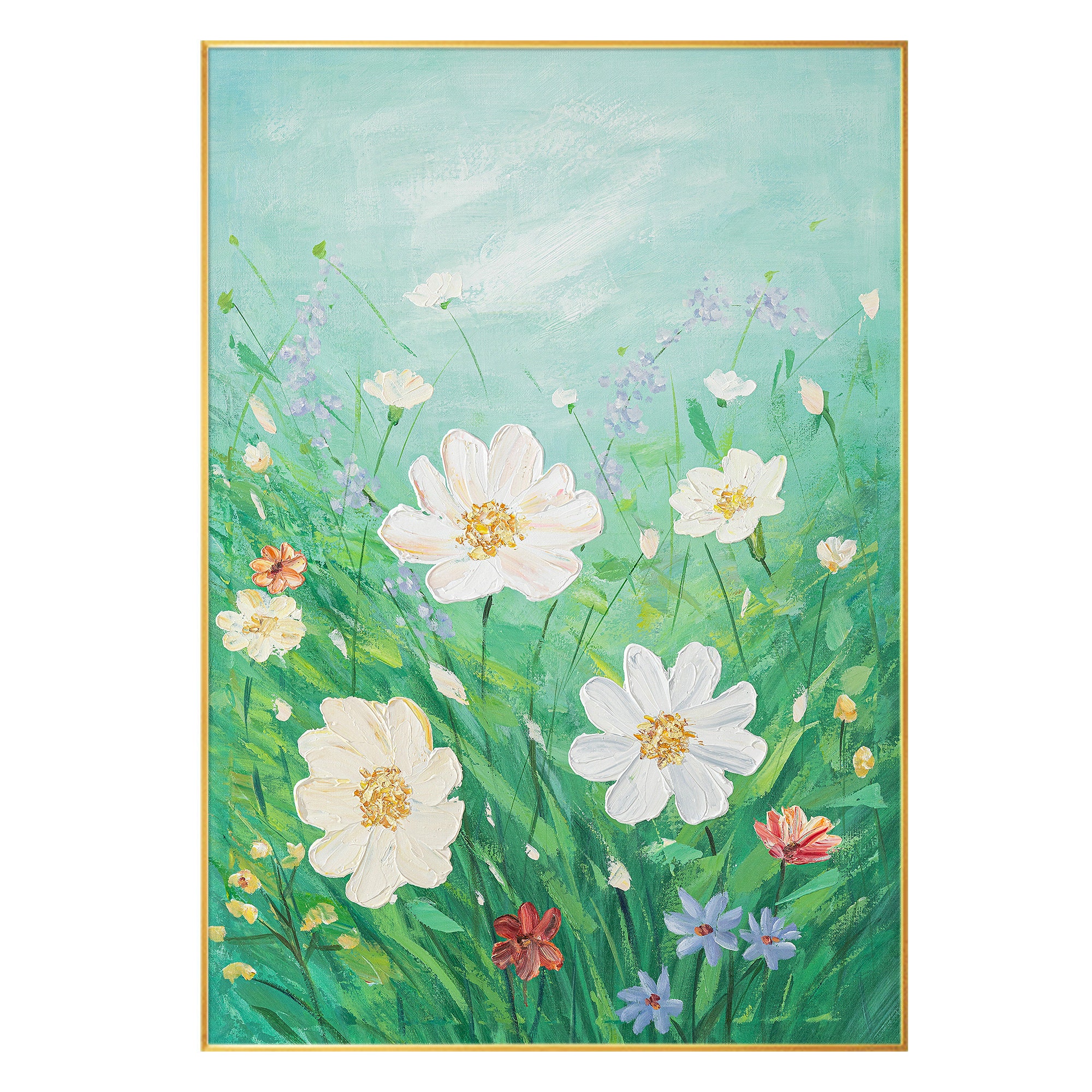 Original Abstract Large Green Wall Art Blooming Daisy Canvas Oil
