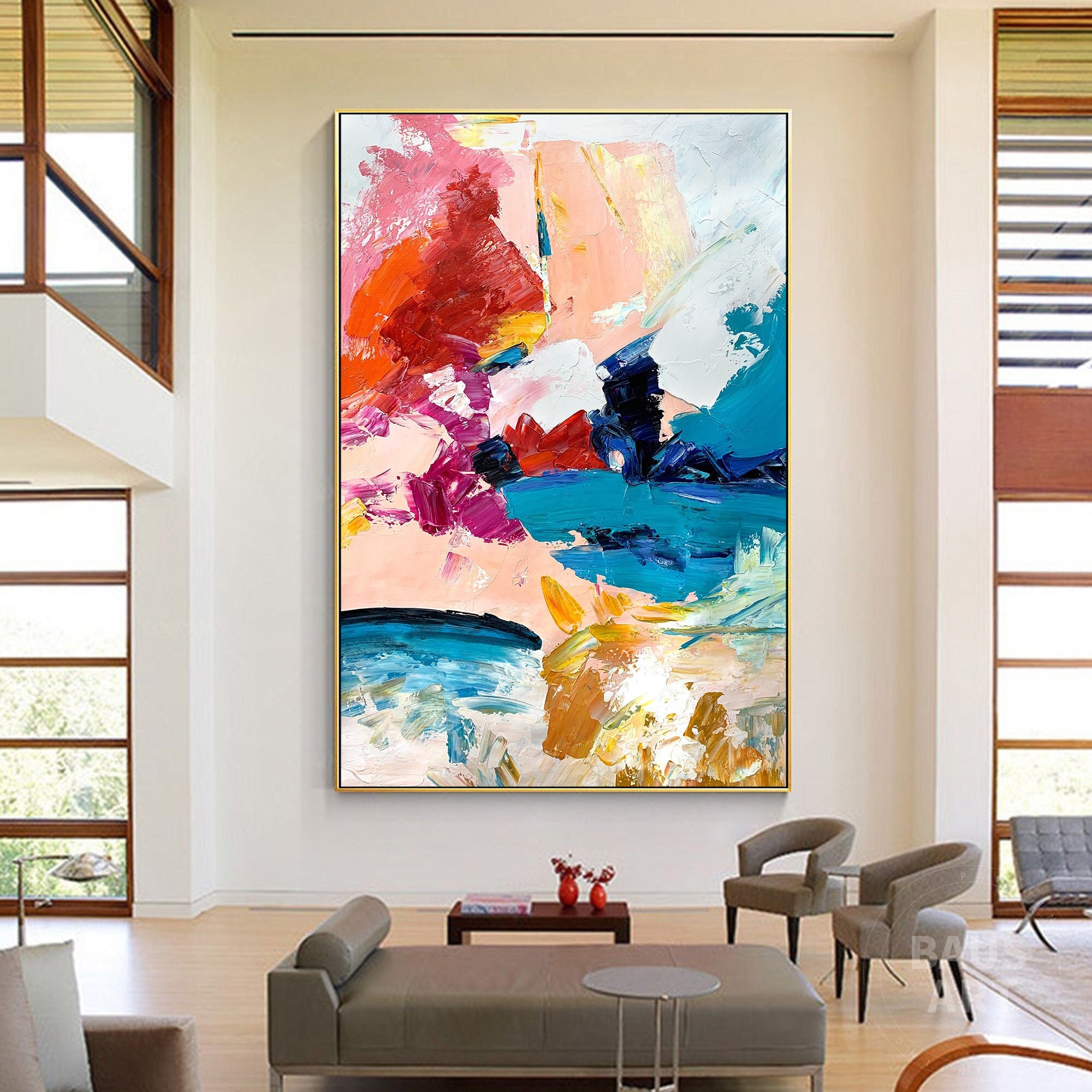 Abstract Colorful Painting Large wall art blue gold Textured Knife Painting Hand-painted Abstract Art Large Canvas Art Modern Art