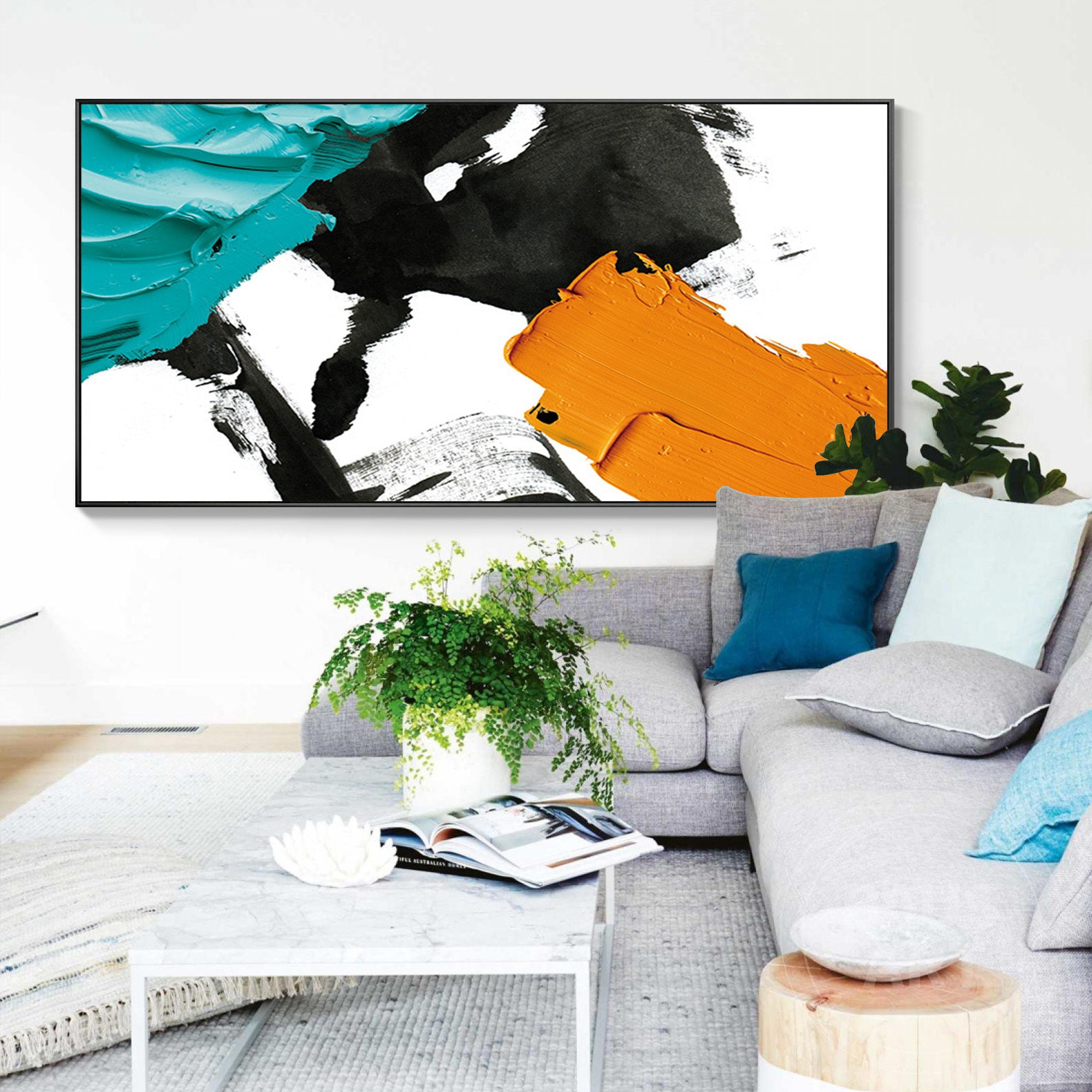 Large teal yellow Abstract Painting F...