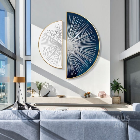Set of 2 Round Wall Art Navy Blue Round Painting Prints on Canvas Large Blue Silver Circle Wall Art Sun Boho Wall Art Office Home Decor Etsy