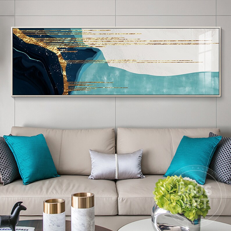 Abstract Print Framed Wall Art Teal and Dark Blue on Canvas Etsy