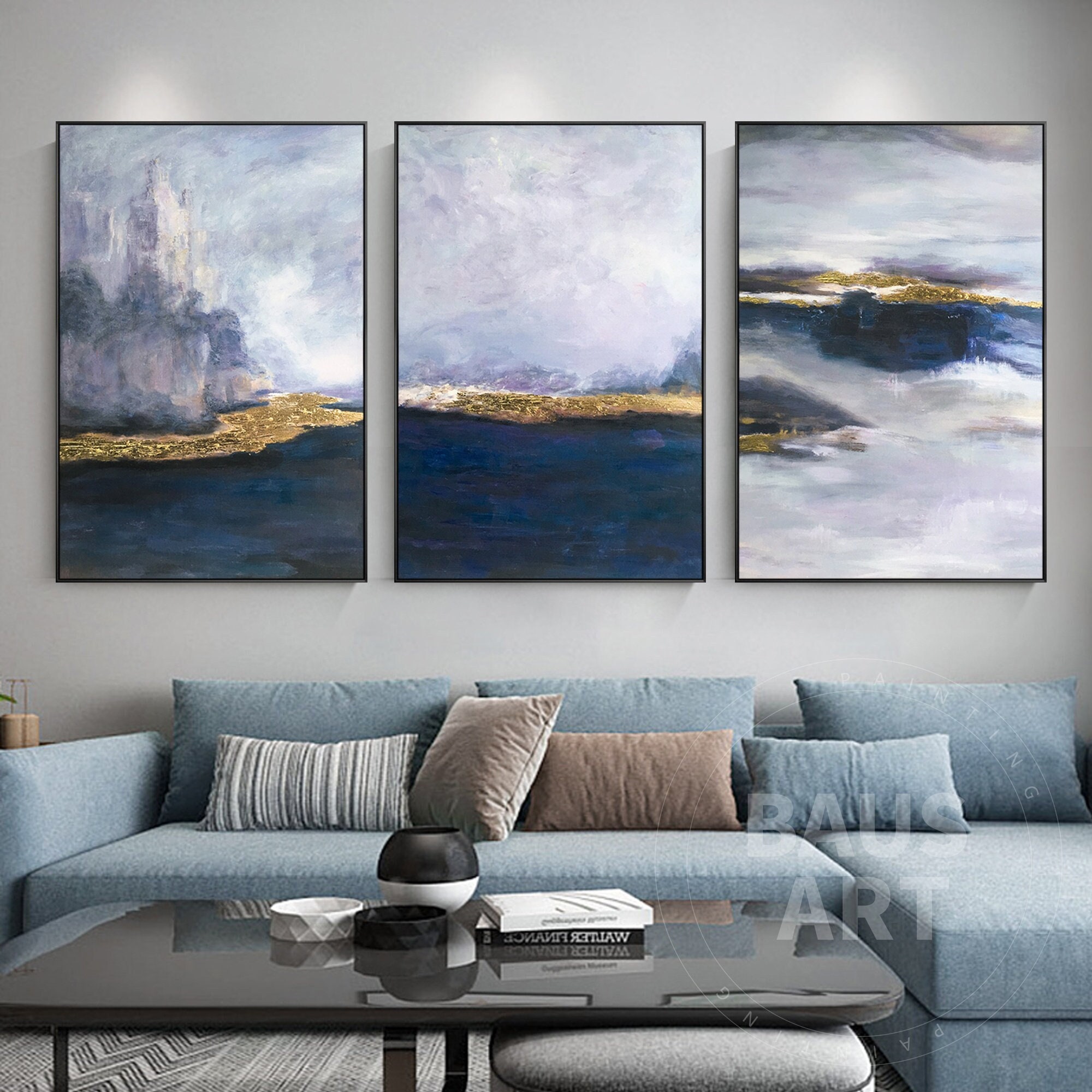 Abstract Blue Gold Wall Art Set of 3 Deep Blue Art on Canvas Large ...