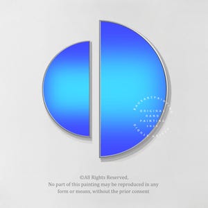 May include: Two semi-circular wall art pieces featuring a vibrant blue gradient from dark to light. The right piece includes circular white text reading BAUSARTPAINTING ORIGINAL HAND PAINTING 2026 DESIGN STUDIO. The bottom text states All Rights Reserved.