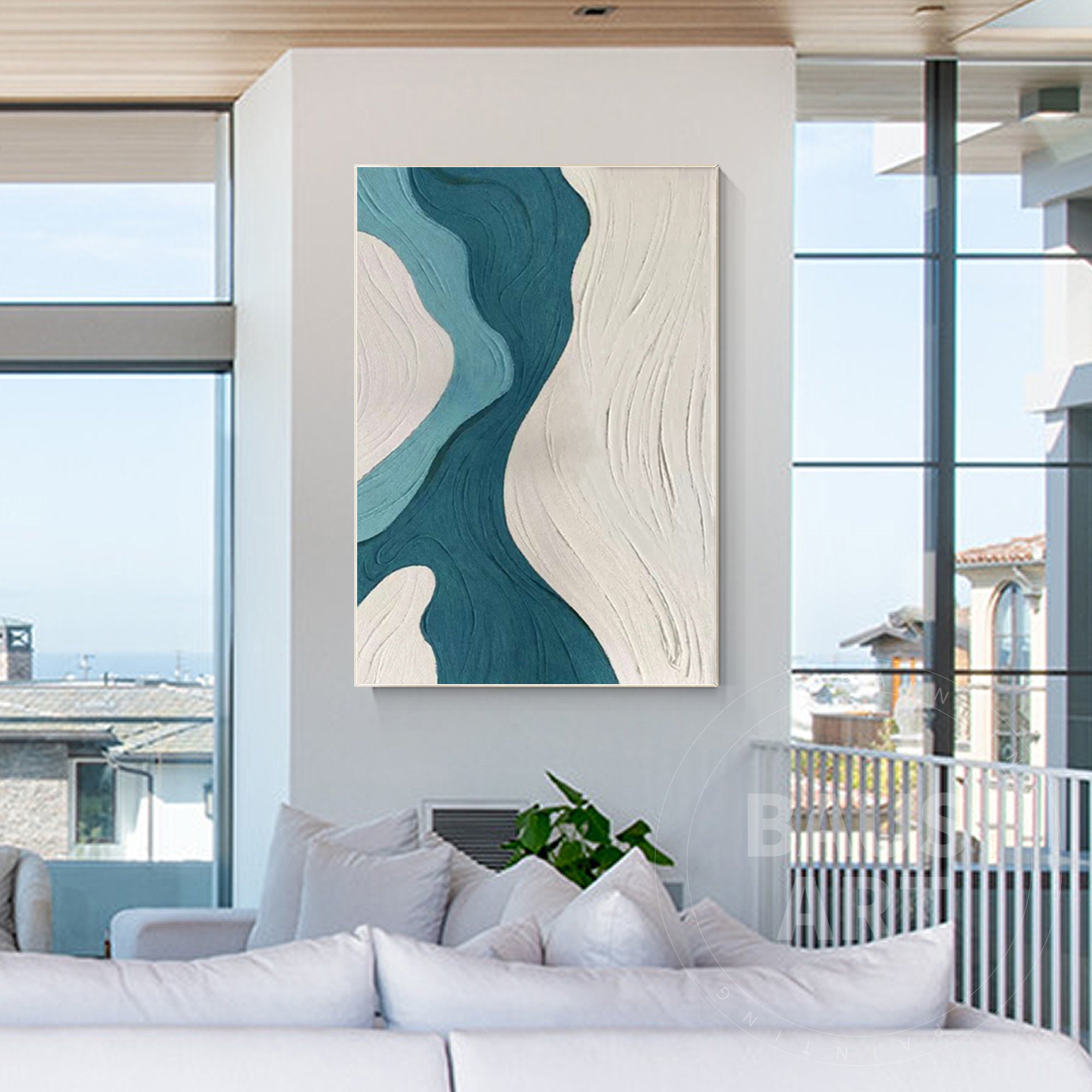 Minimalist Abstract Turquoise Blue Wall Art, Wabi-sabi Modern Wall Art