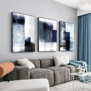 Navy Blue Wall Art Abstract wall art  Set of 3 Canvas Painting Extra Large Blue Canvas Geometric wall Art Framed Contemporary wall art