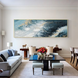 Turquoise Wall Art Dark Blue Canvas art Long Narrow wall art Abstract Mountain Oversize Huge Horizontal Teal Gold painting Framed Wall Art