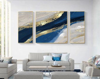 Navy Blue Gold Abstract Triptych Wall Art: Large Textured Canvas Painting for Modern Living Room Decor