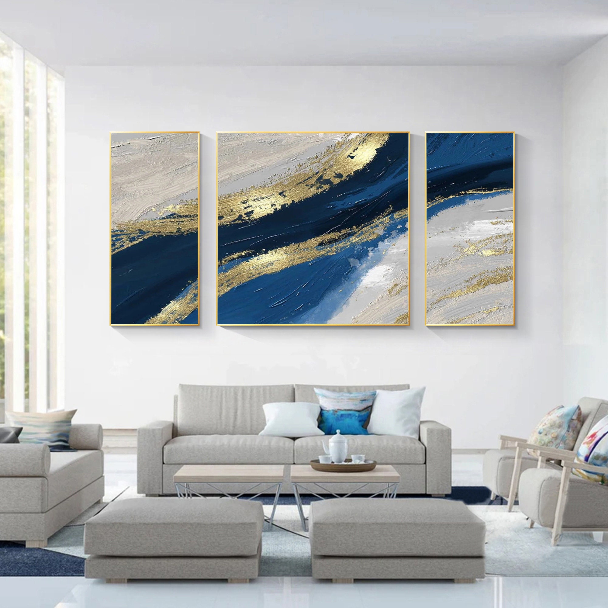 Set of 3 Navy Blue and Gold Abstract Ocean Wall Art Extra Large Wall ...