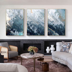 Blue wall art abstract foggy Wall Art Set Of 3 painting on canvas large Abstract sage green wall art housewarming gift custom home decor