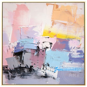 May include: Abstract painting with a colorful palette of pink, yellow, blue, and gray. The paint is applied in thick strokes, creating a textured effect.
