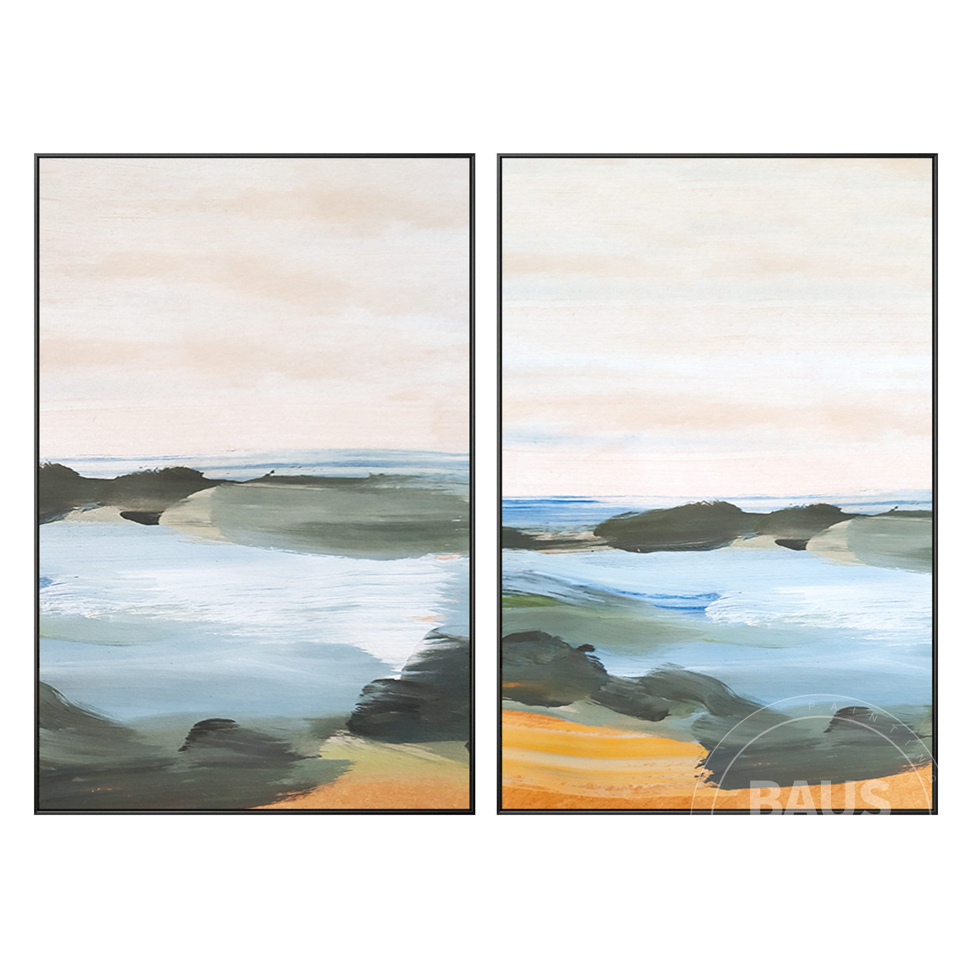 Set of 2 Abstract Dark Green Wall Art Prints Lakeside Painting