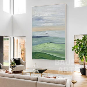 Dipinto astratto di montagna blu-verde: arte moderna su tela con paesaggio