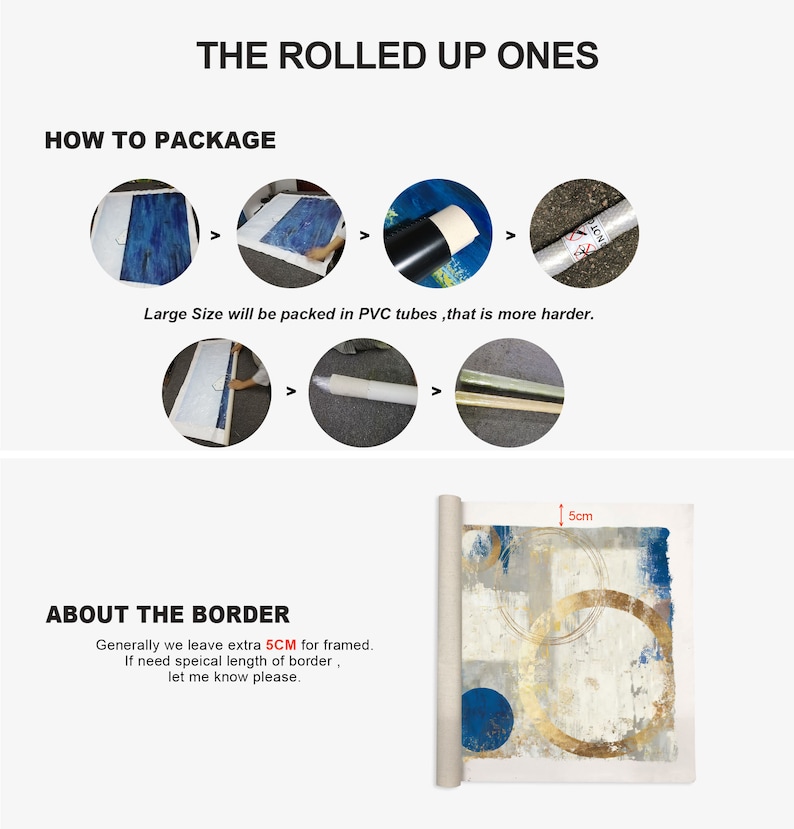 May include: A rolled up canvas painting with a blue, gold, and white abstract design. The painting has a 5 cm border around the edges. The text "THE ROLLED UP ONES" and "HOW TO PACKAGE" is at the top of the image. The text "ABOUT THE BORDER" is at the bottom of the image. The text "Generally we leave extra 5CM for framed. If need special length of border, let me know please." is below the text "ABOUT THE BORDER".