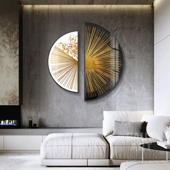Set di 2 stampe rotonde da parete linea oro stampa rotonda asimmetrica su  tela arte da