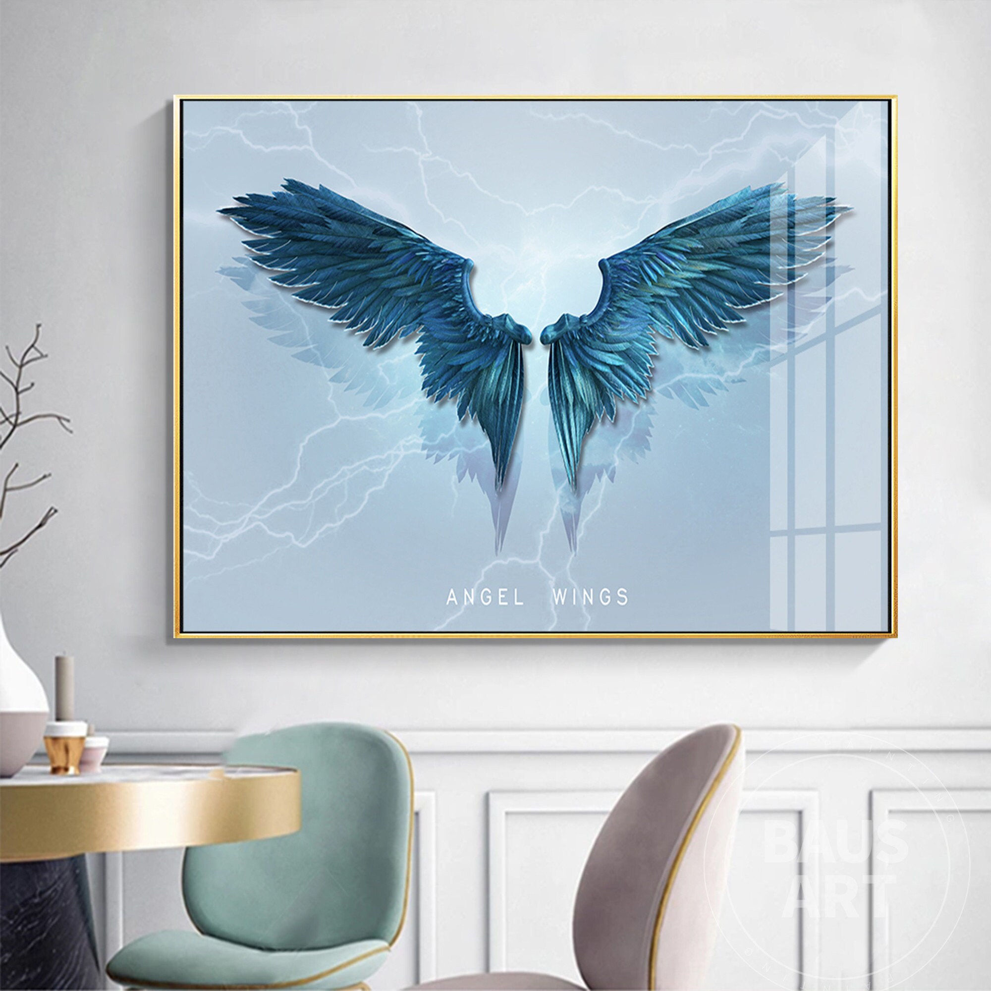 Große gerahmte Druck blau Engel Flügel Wand Kunst Engel Druck | Etsy