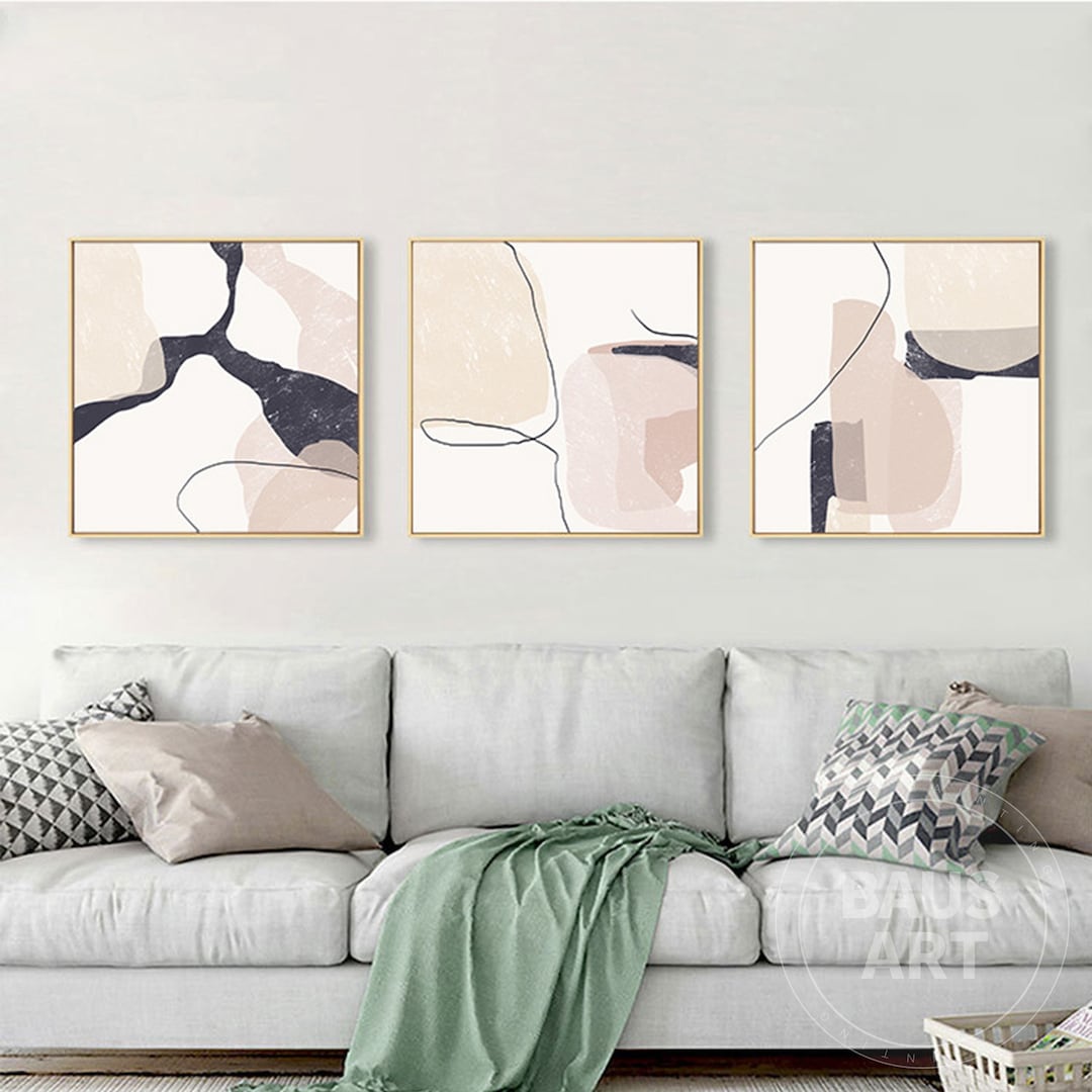 Set of 3 Beige Black Abstract Wall Art on Canvas Wabisabi Wall Art ...
