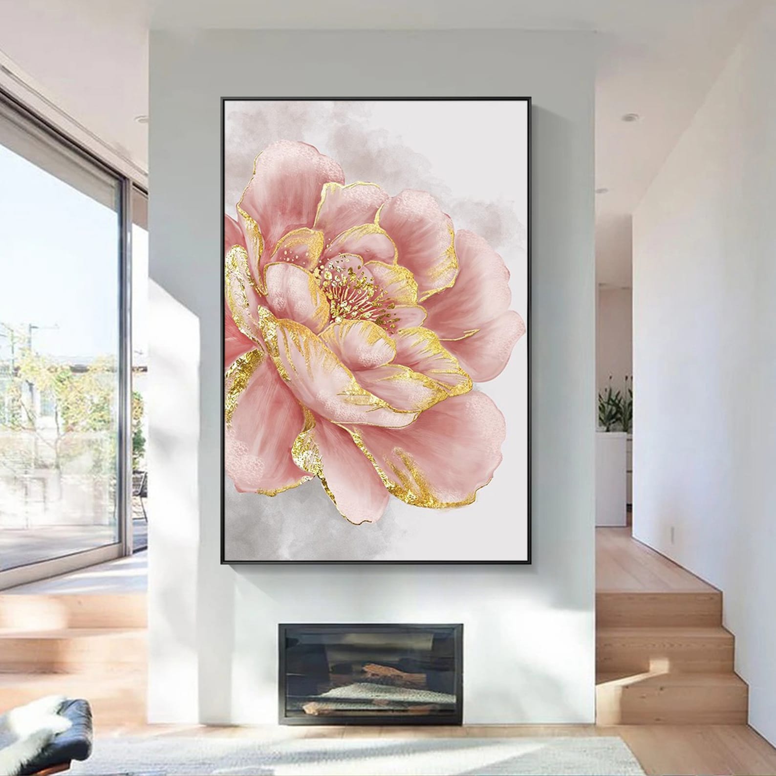 Abstract Pink and Gold Flower Wall Art Gold Large Painting Arcylic Art ...